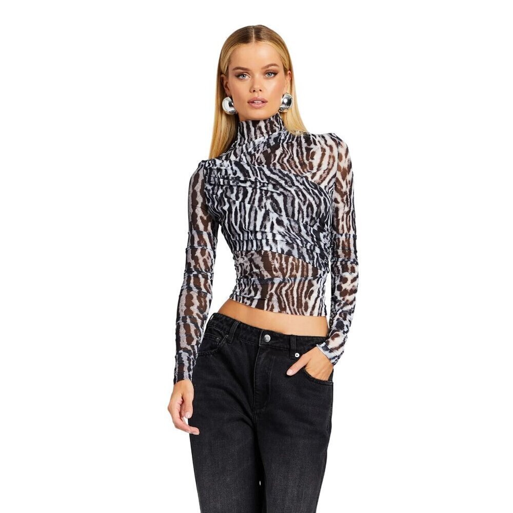SER.O.YA Black White Brown Zebra-Print Sheer Turtleneck Top